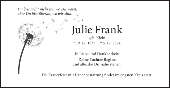 Traueranzeige von Julie Frank von Geislinger Zeitung