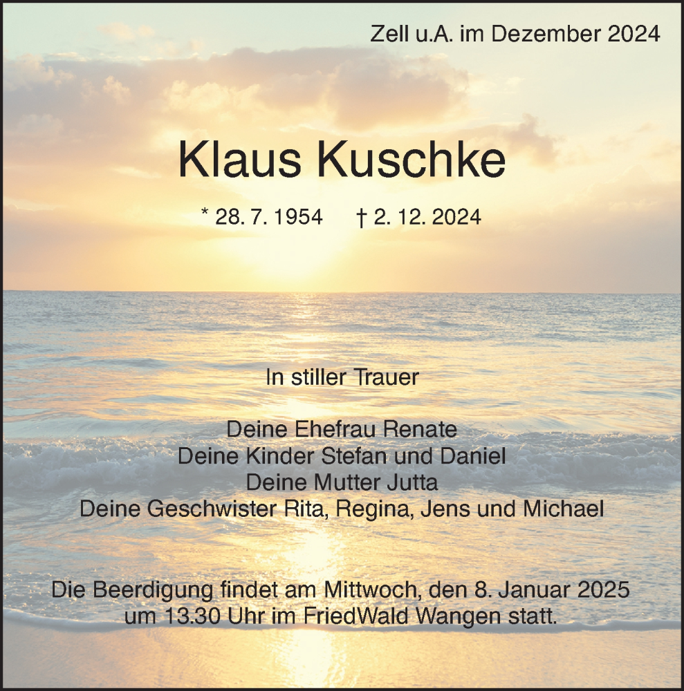  Traueranzeige für Klaus Kuschke vom 14.12.2024 aus NWZ Neue Württembergische Zeitung