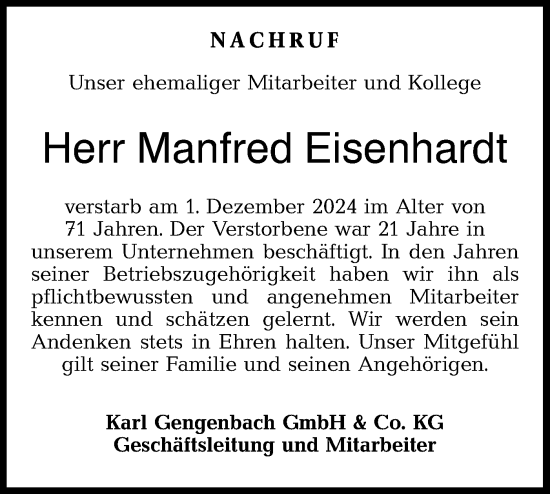 Traueranzeige von Manfred Eisenhardt von Haller Tagblatt