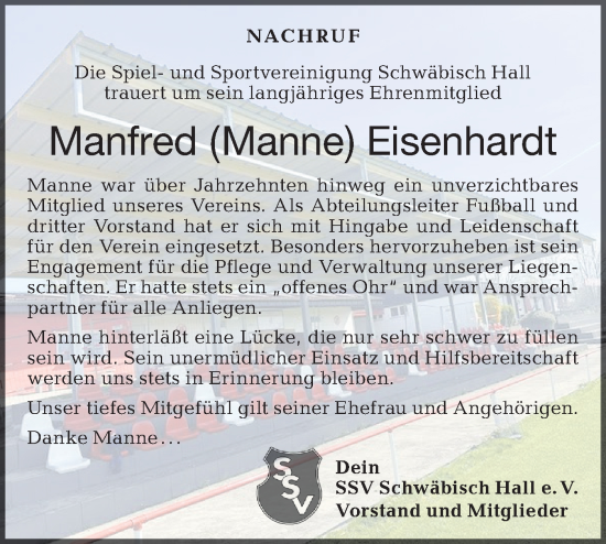 Traueranzeige von Manfred Eisenhardt von Haller Tagblatt