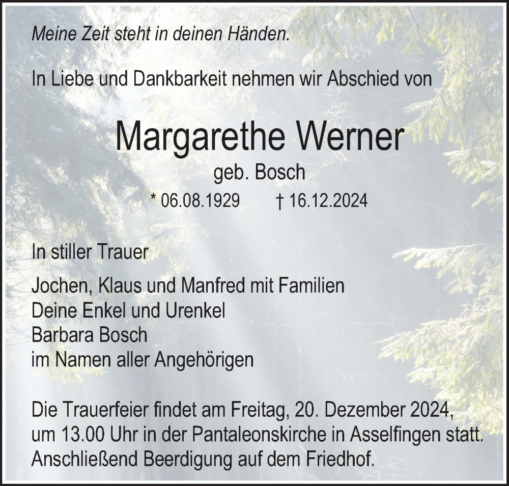  Traueranzeige für Margarethe Werner vom 17.12.2024 aus SÜDWEST PRESSE Ausgabe Ulm/Neu-Ulm