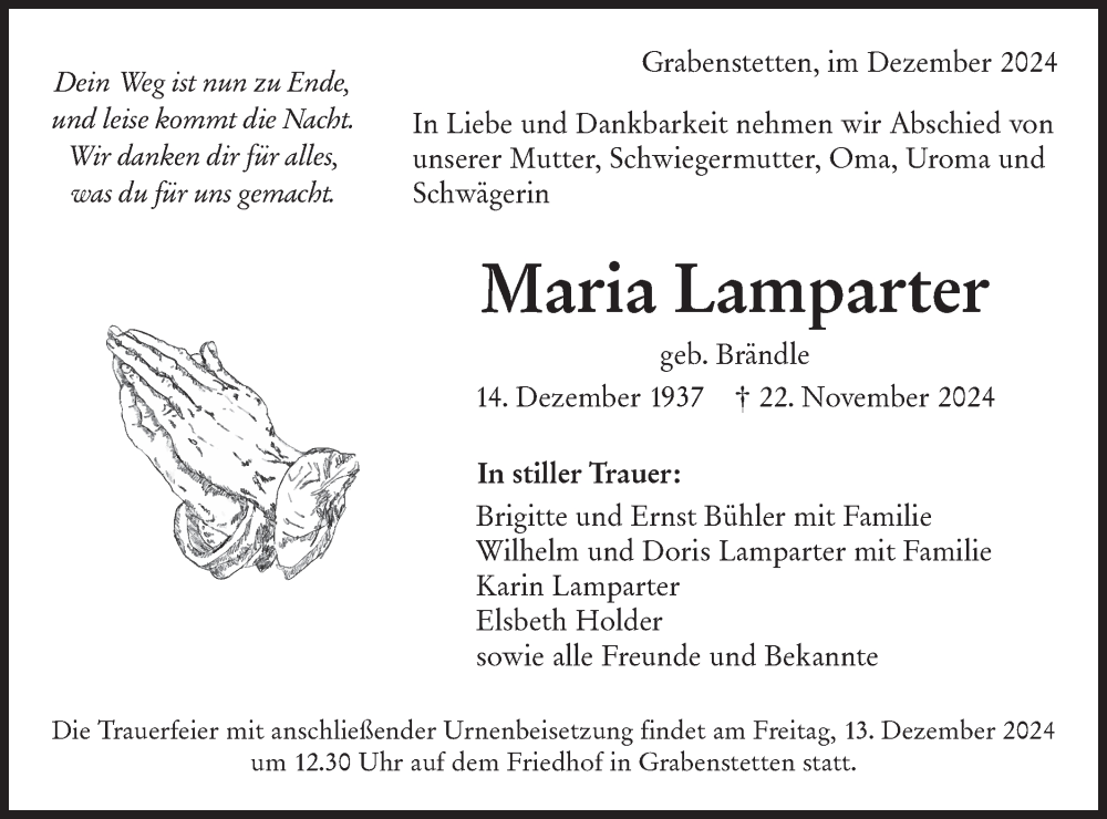  Traueranzeige für Maria Lamparter vom 09.12.2024 aus Alb-Bote/Metzinger-Uracher Volksblatt