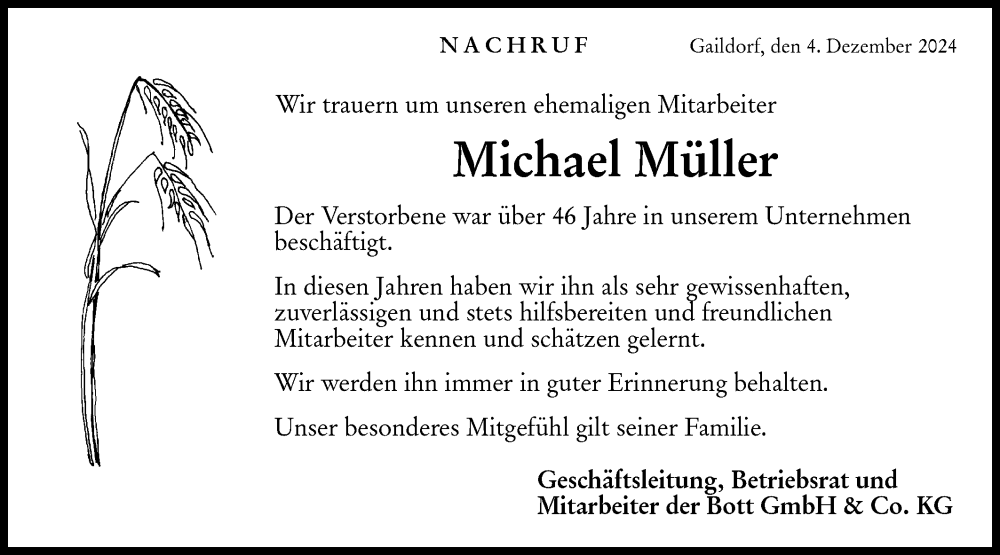 Traueranzeige für Michael Müller vom 04.12.2024 aus Rundschau Gaildorf