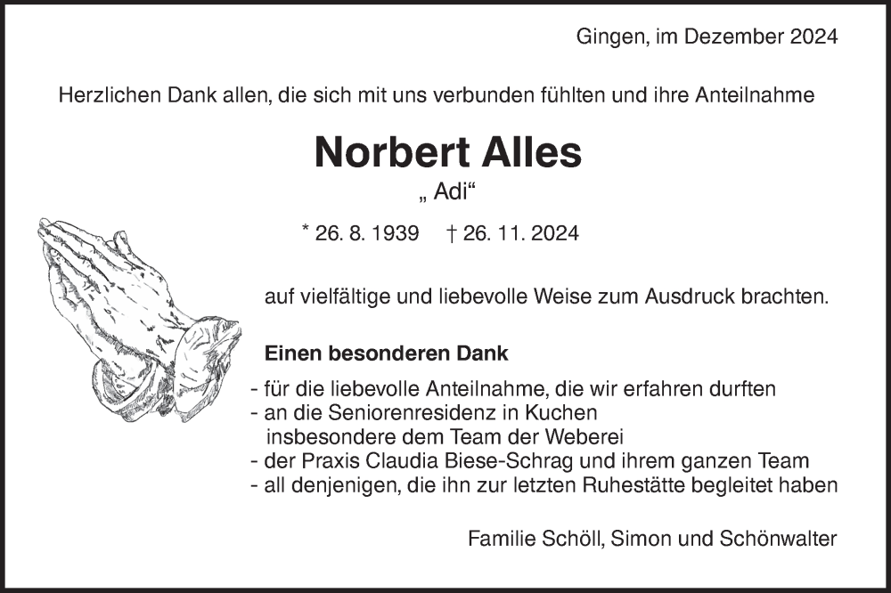  Traueranzeige für Norbert Alles vom 21.12.2024 aus NWZ Neue Württembergische Zeitung/Geislinger Zeitung