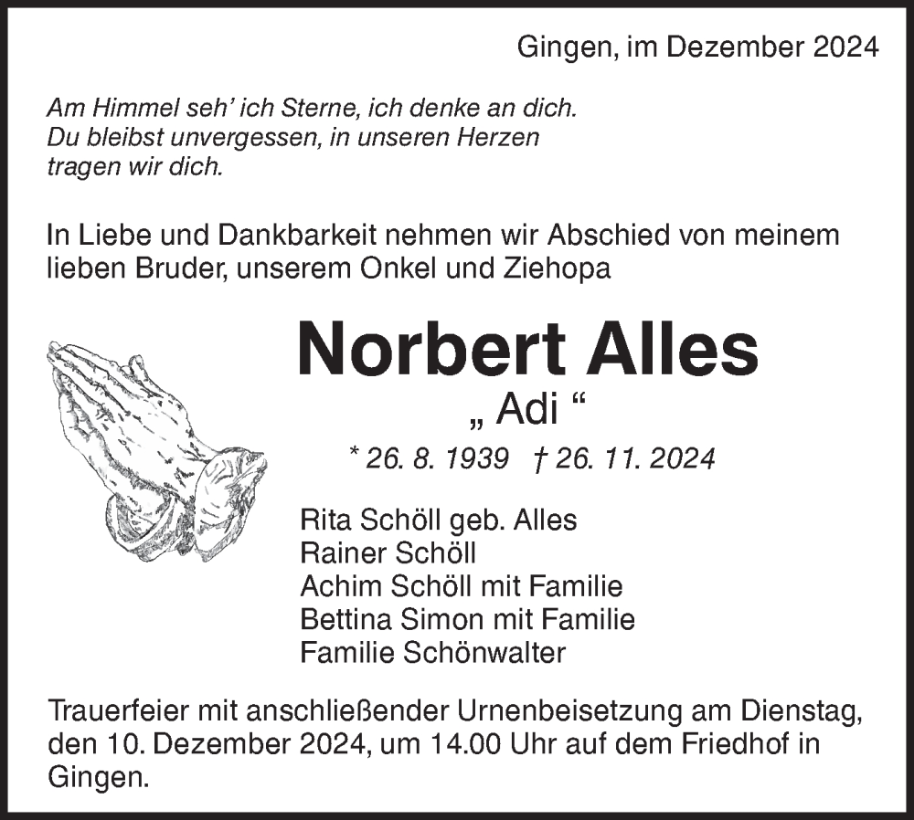  Traueranzeige für Norbert Alles vom 05.12.2024 aus NWZ Neue Württembergische Zeitung/Geislinger Zeitung