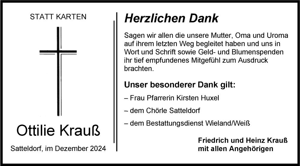  Traueranzeige für Ottilie Krauß vom 21.12.2024 aus Hohenloher Tagblatt