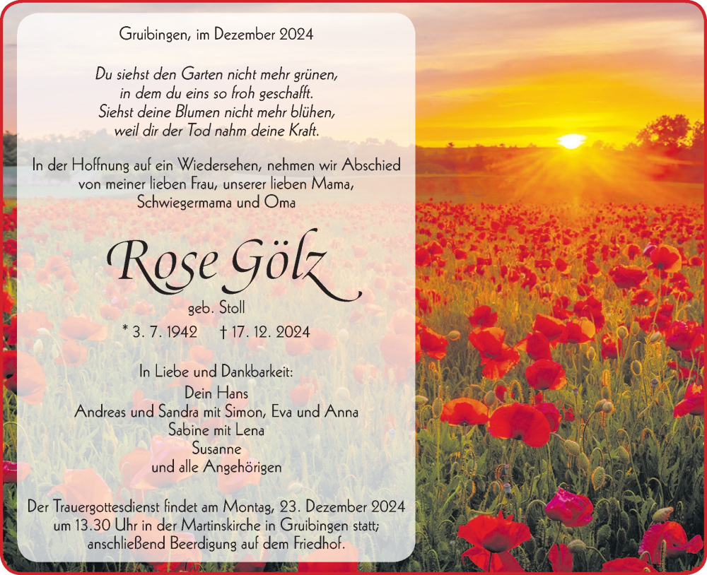 Traueranzeige für Rose Gölz vom 20.12.2024 aus NWZ Neue Württembergische Zeitung/Geislinger Zeitung