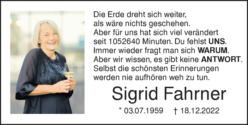 Traueranzeige für Sigrid Fahrner vom 18.12.2024 aus SÜDWEST PRESSE Ausgabe Ulm/Neu-Ulm