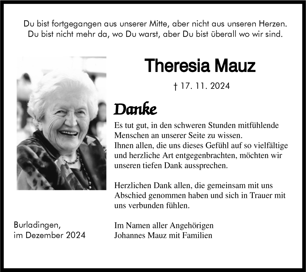  Traueranzeige für Theresia Mauz vom 21.12.2024 aus SÜDWEST PRESSE Zollernalbkreis/Hohenzollerische Zeitung