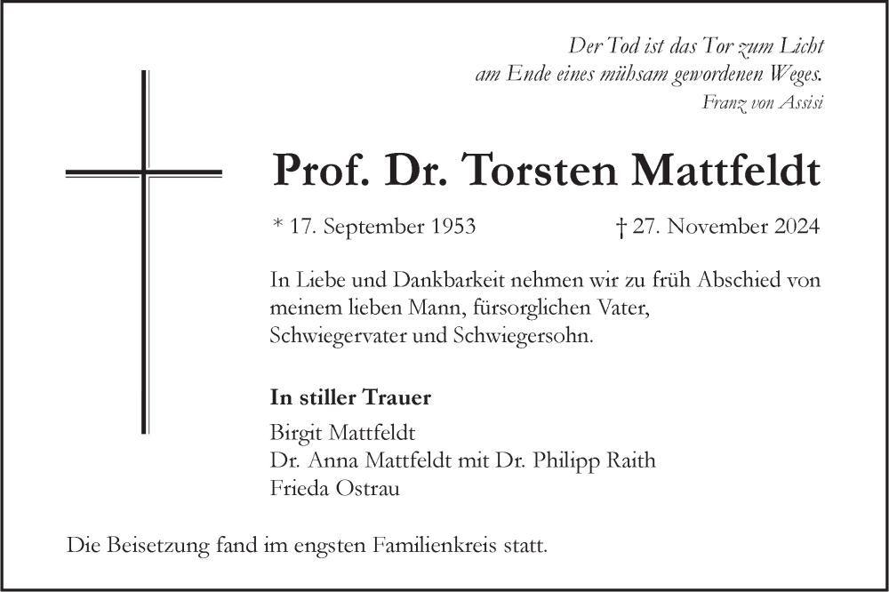  Traueranzeige für Torsten Mattfeldt vom 07.12.2024 aus SÜDWEST PRESSE Ausgabe Ulm/Neu-Ulm