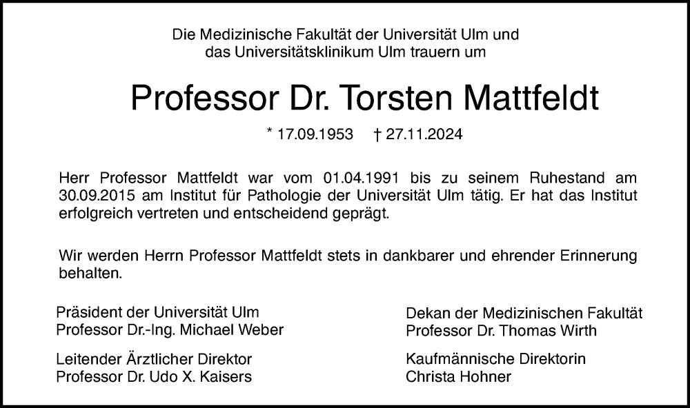  Traueranzeige für Torsten Mattfeldt vom 21.12.2024 aus SÜDWEST PRESSE Ausgabe Ulm/Neu-Ulm