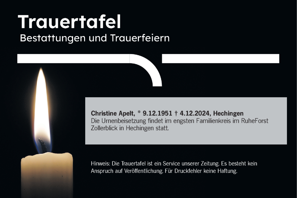  Traueranzeige für Totentafel vom 14.12.2024 vom 14.12.2024 aus SÜDWEST PRESSE Zollernalbkreis/Hohenzollerische Zeitung