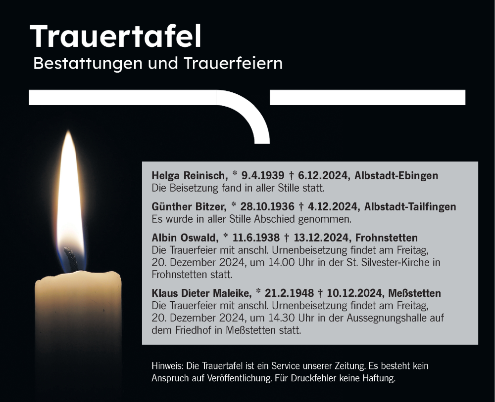  Traueranzeige für Trauertafel  vom 19.12.2024 aus SÜDWEST PRESSE Zollernalbkreis/Hohenzollerische Zeitung