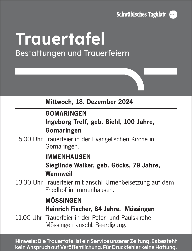  Traueranzeige für Trauertafel  vom 18.12.2024 aus Schwäbische Tagblatt