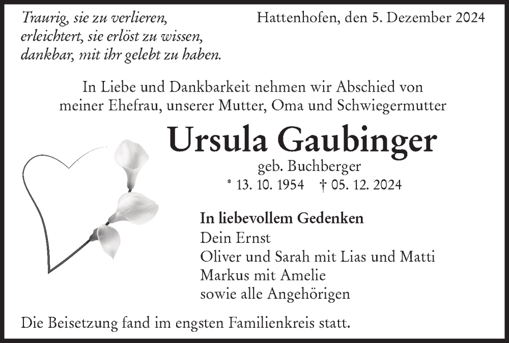  Traueranzeige für Ursula Gaubinger vom 18.12.2024 aus NWZ Neue Württembergische Zeitung