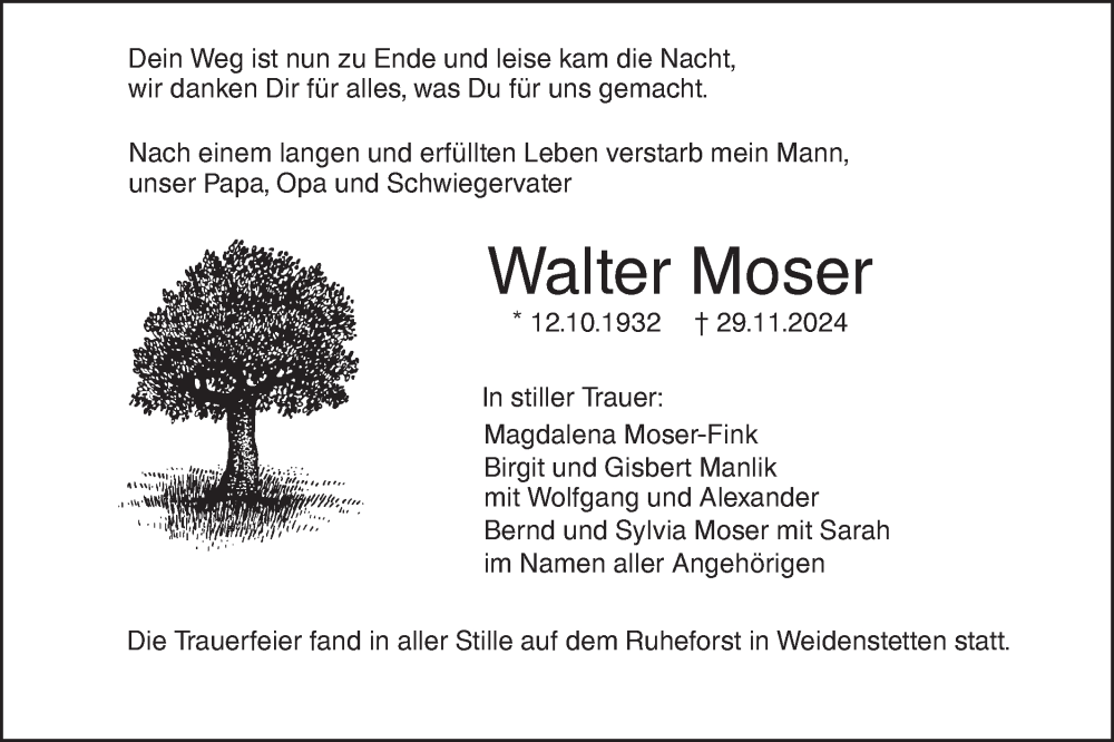  Traueranzeige für Walter Moser vom 21.12.2024 aus SÜDWEST PRESSE Ausgabe Ulm/Neu-Ulm