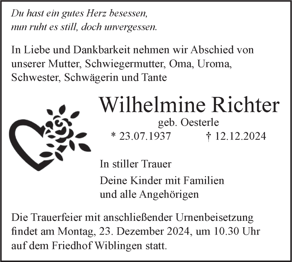  Traueranzeige für Wilhelmine Richter vom 14.12.2024 aus SÜDWEST PRESSE Ausgabe Ulm/Neu-Ulm