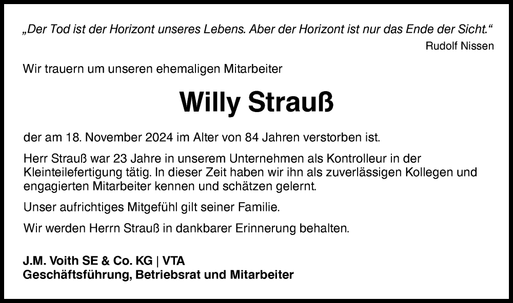  Traueranzeige für Willy Strauß vom 03.12.2024 aus Hohenloher Tagblatt