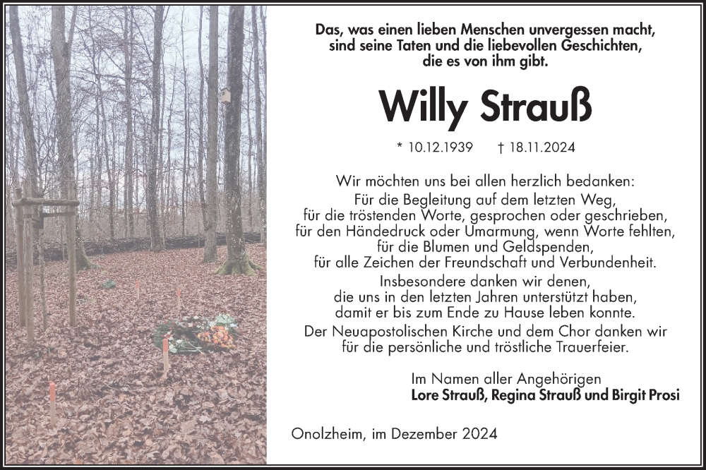  Traueranzeige für Willy Strauß vom 21.12.2024 aus Hohenloher Tagblatt