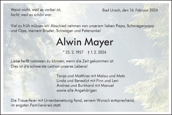 Traueranzeige von Alwin Mayer von SÜDWEST PRESSE/SÜDWEST PRESSE
