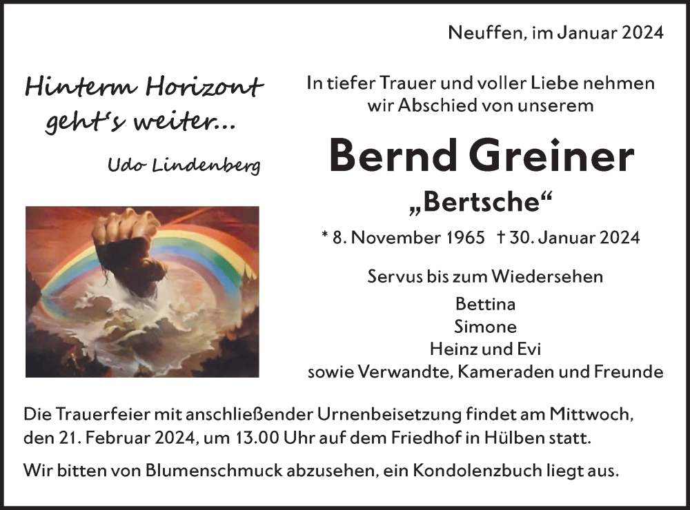  Traueranzeige für Bernd Greiner vom 10.02.2024 aus Alb-Bote/Metzinger-Uracher Volksblatt