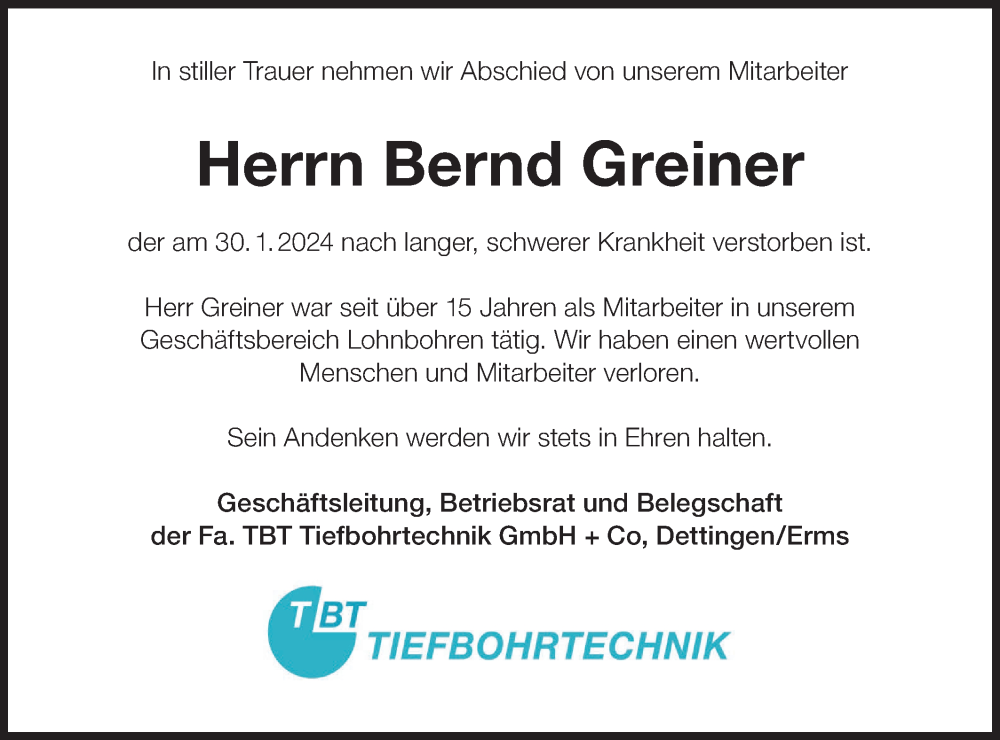  Traueranzeige für Bernd Greiner vom 14.02.2024 aus SÜDWEST PRESSE/SÜDWEST PRESSE