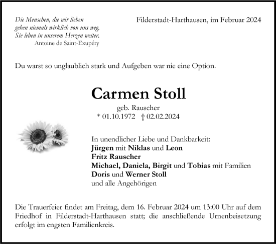 Traueranzeige von Carmen Stoll von SÜDWEST PRESSE/SÜDWEST PRESSE
