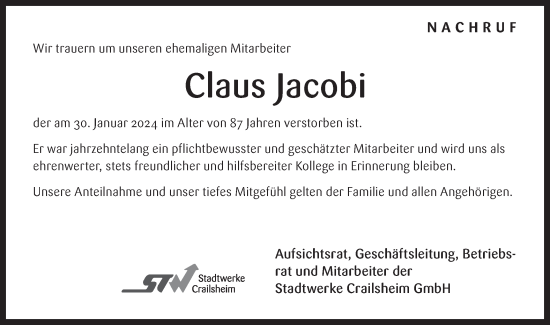 Traueranzeige von Claus Jacobi von Hohenloher Tagblatt