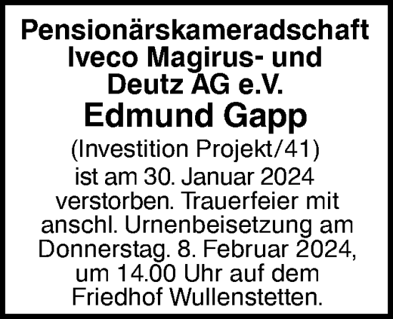 Traueranzeige von Edmund Gapp von SÜDWEST PRESSE Ausgabe Ulm/Neu-Ulm