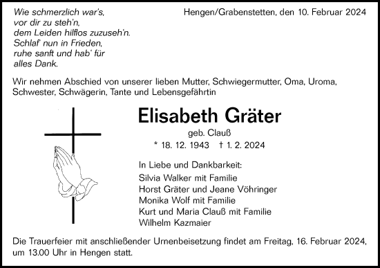 Traueranzeige von Elisabeth Gräter von SÜDWEST PRESSE/SÜDWEST PRESSE