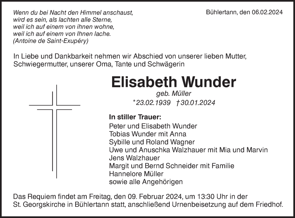  Traueranzeige für Elisabeth Wunder vom 06.02.2024 aus Haller Tagblatt