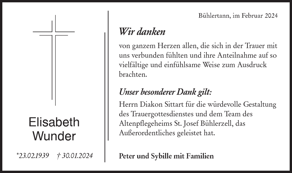  Traueranzeige für Elisabeth Wunder vom 23.02.2024 aus Haller Tagblatt