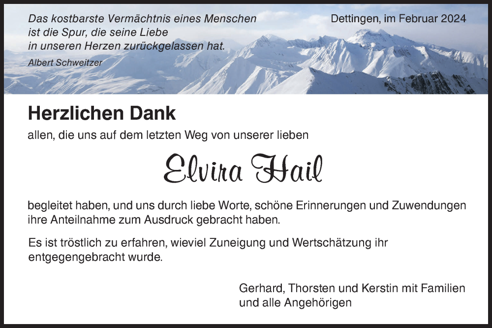  Traueranzeige für Elvira Hail vom 23.02.2024 aus SÜDWEST PRESSE/SÜDWEST PRESSE