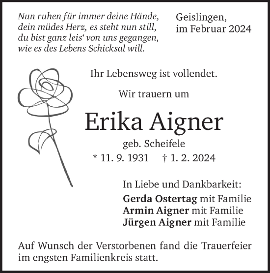Traueranzeige von Erika Aigner von Geislinger Zeitung
