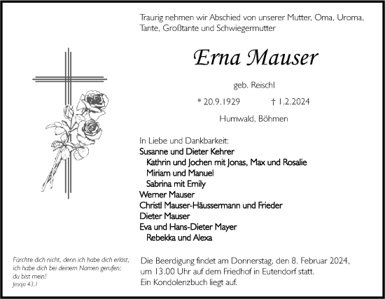 Traueranzeige von Erna Mauser von Rundschau Gaildorf