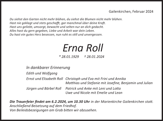 Traueranzeige von Erna Roll von Haller Tagblatt