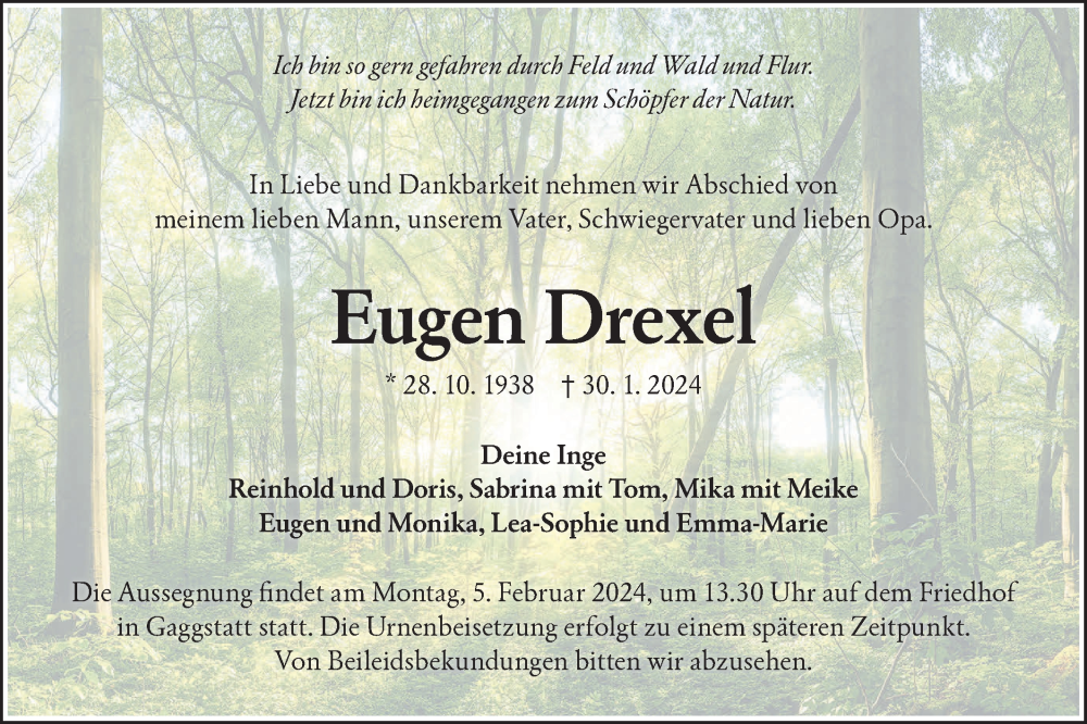  Traueranzeige für Eugen Drexel vom 03.02.2024 aus Hohenloher Tagblatt