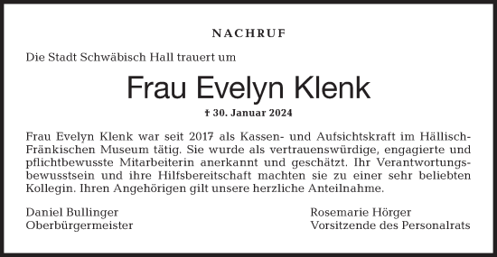Traueranzeige von Evelyn Klenk von Haller Tagblatt