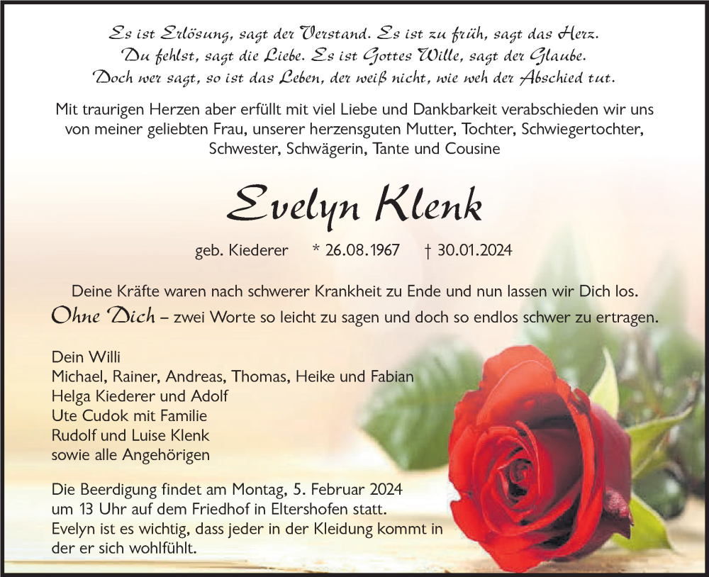 Traueranzeige für Evelyn Klenk vom 02.02.2024 aus Haller Tagblatt