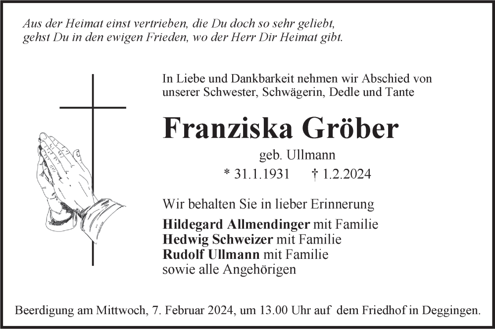  Traueranzeige für Franziska Gröber vom 03.02.2024 aus Geislinger Zeitung