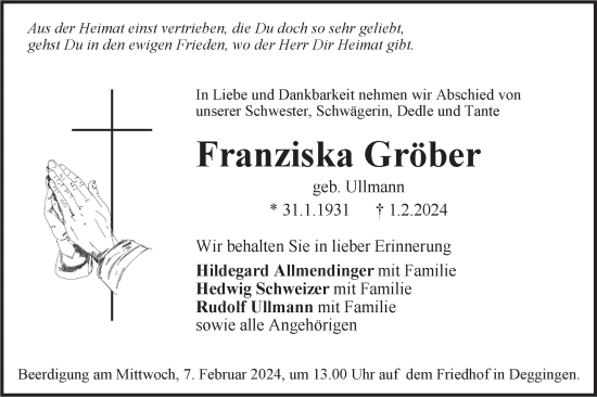 Traueranzeige von Franziska Gröber von Geislinger Zeitung