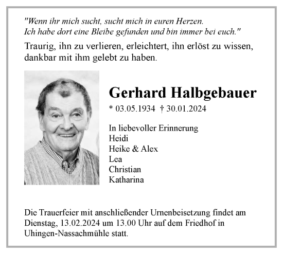 Traueranzeige von Gerhard Halbgebauer von NWZ Neue Württembergische Zeitung