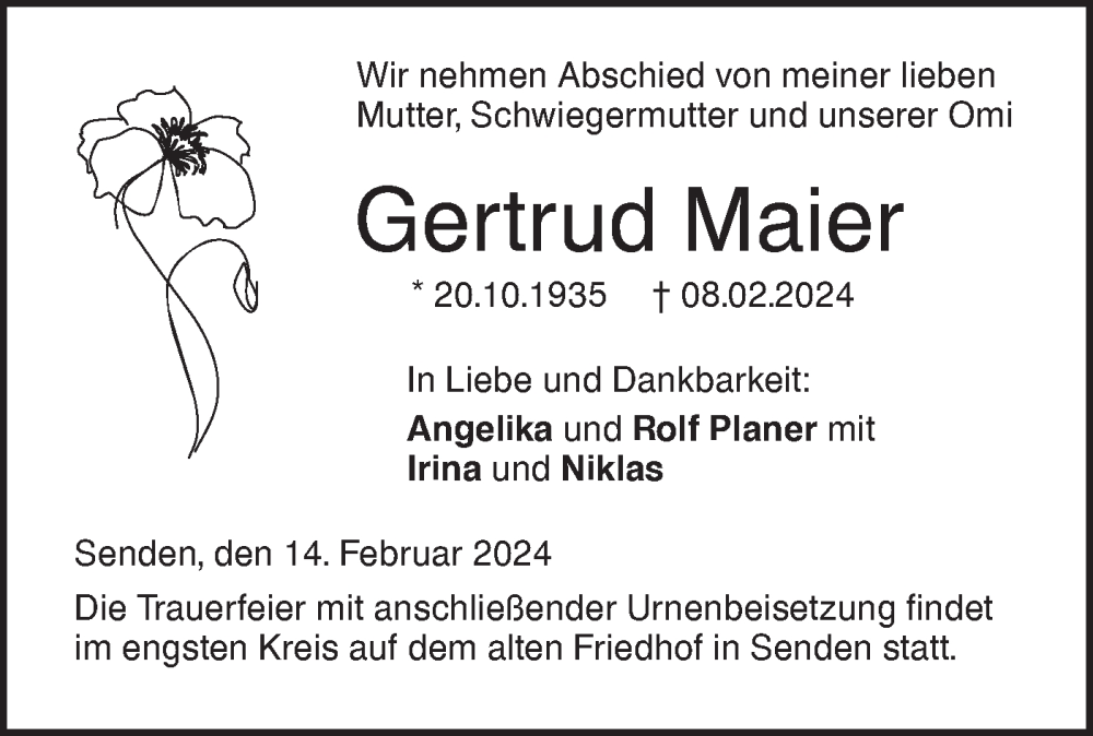  Traueranzeige für Gertrud Maier vom 14.02.2024 aus SÜDWEST PRESSE Ausgabe Ulm/Neu-Ulm