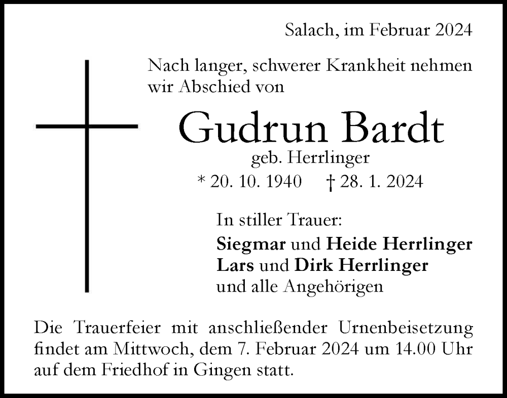  Traueranzeige für Gudrun Bardt vom 02.02.2024 aus Geislinger Zeitung