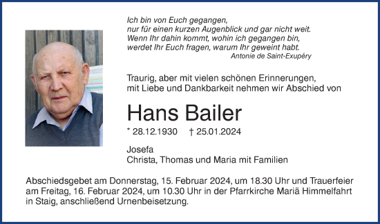 Traueranzeige von Hans Bailer von SÜDWEST PRESSE Ausgabe Ulm/Neu-Ulm