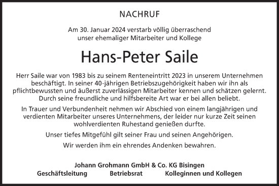 Traueranzeige von Hans-Peter Saile von Hohenzollerische Zeitung