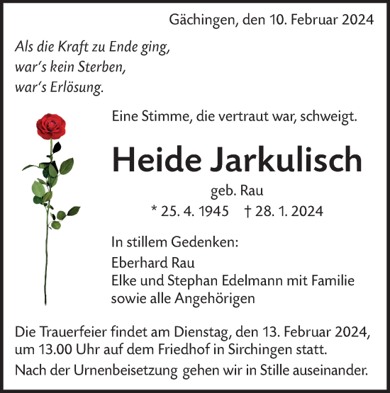 Traueranzeige von Heide Jarkulisch von SÜDWEST PRESSE/SÜDWEST PRESSE