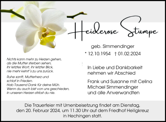 Traueranzeige von Heiderose Stumpe von Hohenzollerische Zeitung