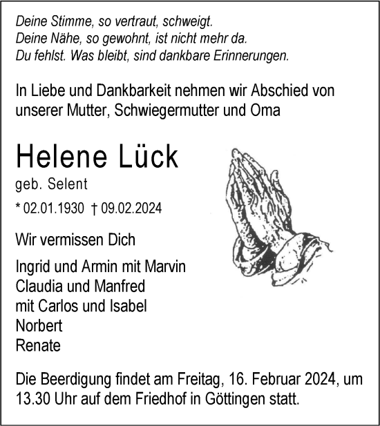 Traueranzeige von Helene Lück von SÜDWEST PRESSE Ausgabe Ulm/Neu-Ulm