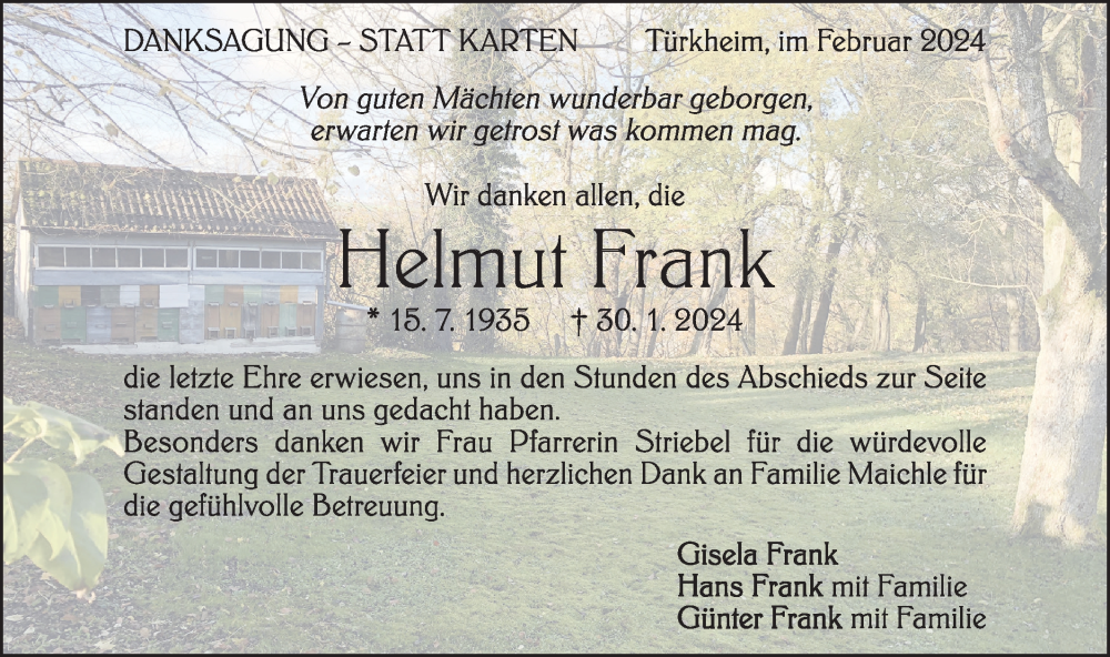  Traueranzeige für Helmut Frank vom 17.02.2024 aus Geislinger Zeitung